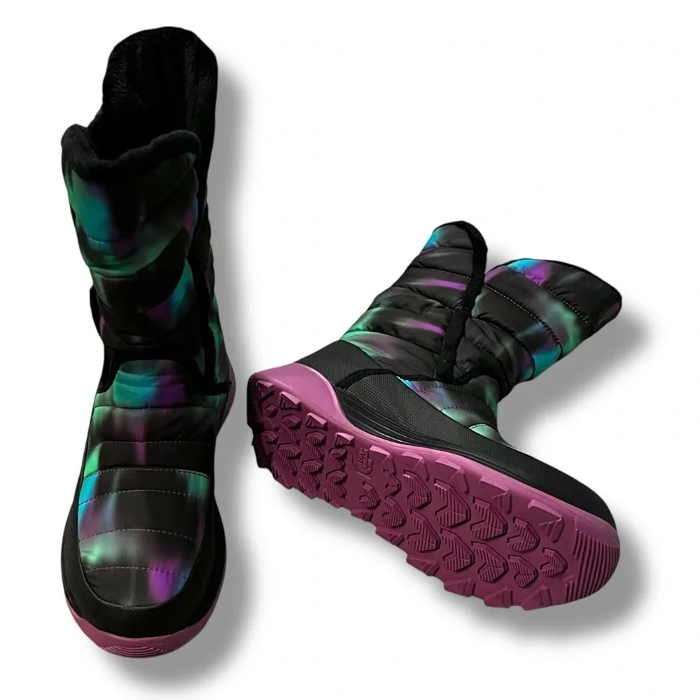 North Face Amore II Snow Boots Quilted Nylon Black Pink Big Kids 5 NEW w/box